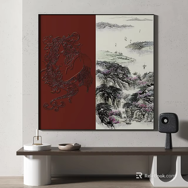 Oriental Wall Decor With Red Panel And Landscape Painting Plus Table Ornaments 3d model