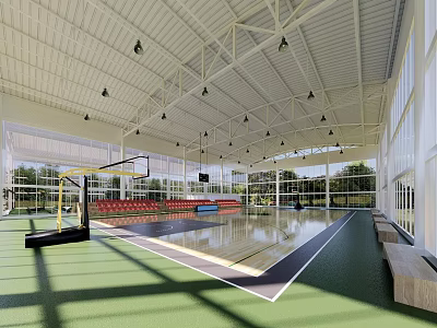 Indoor Basketball Court Sports Fitness Space With Green Floor Red Seats Ceiling Lighting And Windows 3d model