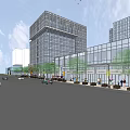 Modern Office Building with Glass Curtain Walls on Urban Street White Sports Car and Trees