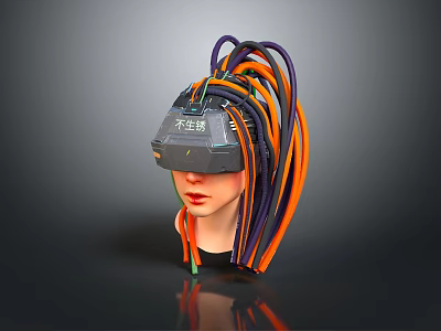 Cyberpunk Human Character In Futuristic Headset With Purple Orange Green Cables 3d model