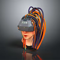 Cyberpunk Human Character In Futuristic Headset With Purple Orange Green Cables