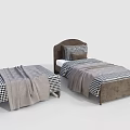 Modern Single Bed Interior With Brown Headboard Checkered Bedding And Gray Blanket 3d model