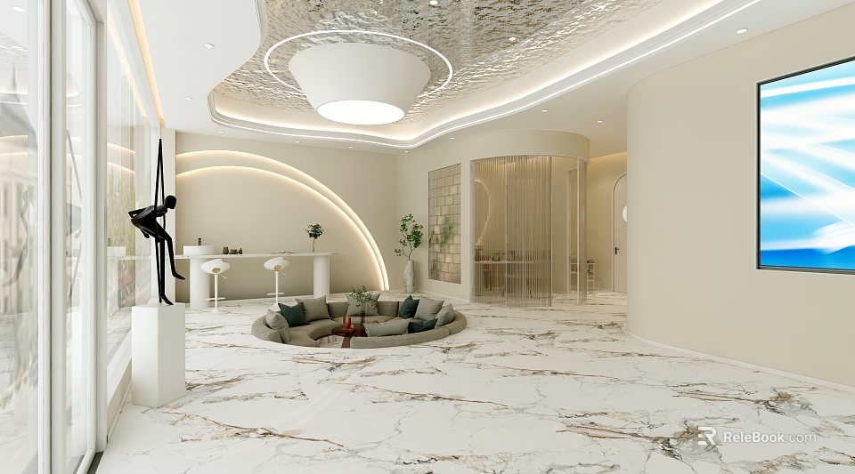 Modern Hotel Lobby Interior Design With Marble Floor Round Sofa And Ceiling Light 3d model 
