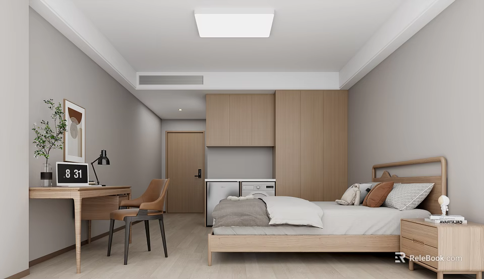 Modern Minimalist Apartment Bedroom With Wooden Wardrobe Desk And Neutral Tones 3d model 