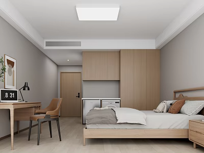 Modern Minimalist Apartment Bedroom With Wooden Wardrobe Desk And Neutral Tones 3d model