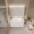 Modern Bathroom Interior With Lighted Cabinet White Vanity Toilet And Green Plants