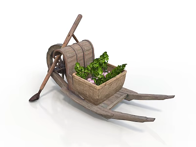 Vintage Wooden Wheelbarrow With Fresh Vegetables In Wicker Basket And Garden Hoe 3d model
