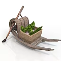 Vintage Wooden Wheelbarrow With Fresh Vegetables In Wicker Basket And Garden Hoe