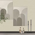 Geometric Pattern Wall Art On Beige Wall With Vase And Ceramic Figurines 3d model