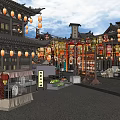 Traditional Chinese Commercial Street with Classic Architecture Lanterns and Vendor Stalls