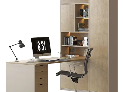 Modern Office Desk With Computer Monitor Desk Lamp Keyboard Mouse And Bookshelf Cabinet 3d model