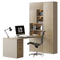 Modern Office Desk With Computer Monitor Desk Lamp Keyboard Mouse And Bookshelf Cabinet