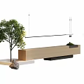 Modern Reception Desk Design With Wooden Surface Hanging Lights Potted Tree And Rock