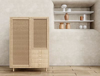 Natural Wooden Sideboard With Rattan Doors Drawers In Minimalist Interior With Shelves Ceramic Vases 3d model