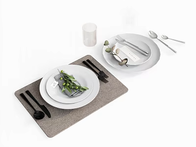 Modern Minimalist Tableware Set With White Plates Cutlery Glass And Gray Placemat 3d model