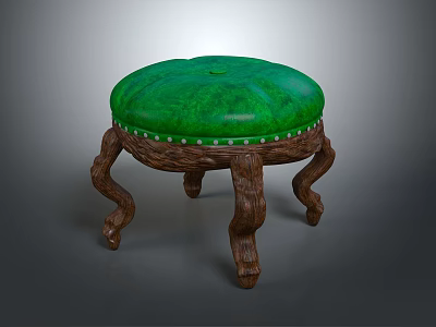 Green Cushioned Stool With Wooden Curved Legs And Decorative Studs 3d model