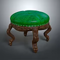 Green Cushioned Stool With Wooden Curved Legs And Decorative Studs