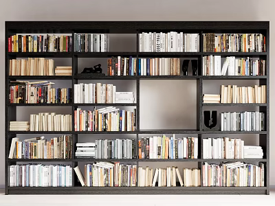 Modern Large Black Bookcase with Multiple Shelves Filled with Various Books 3d model