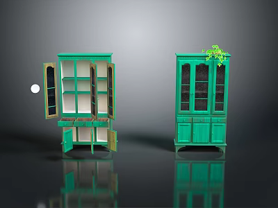 Green Glass Door Display Cabinets With Open And Closed Designs And Top Plant Decoration 3d model