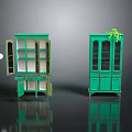 Green Glass Door Display Cabinets With Open And Closed Designs And Top Plant Decoration