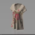 Beige Short Sleeve Top With Pink Rose And Brown Leaf Embroidery