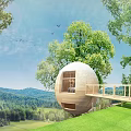 Spherical Wooden House in Lush Green Forest With Mountain View and Wooden Walkway