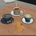 Colorful Ceramic Mugs with Coffee Tea Latte on Wooden Table with Sugar Cubes and Spoons