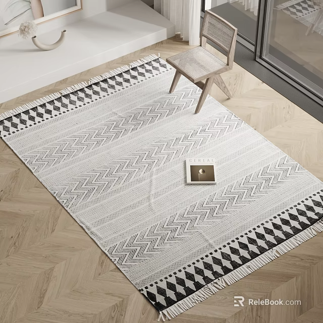 Black and White Square Carpet with Zigzag Geometric Patterns on Wooden Floor and Light Chair 3d model 