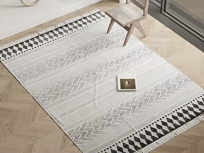 Black and White Square Carpet with Zigzag Geometric Patterns on Wooden Floor and Light Chair 3d model