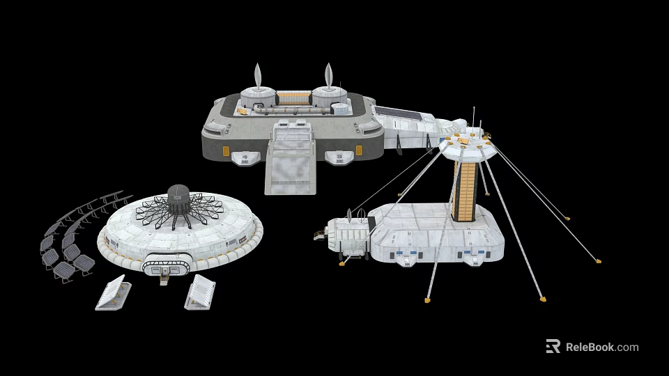 Futuristic Sci Fi Space Station Modules With Circular Platforms And Antennas 3d model 