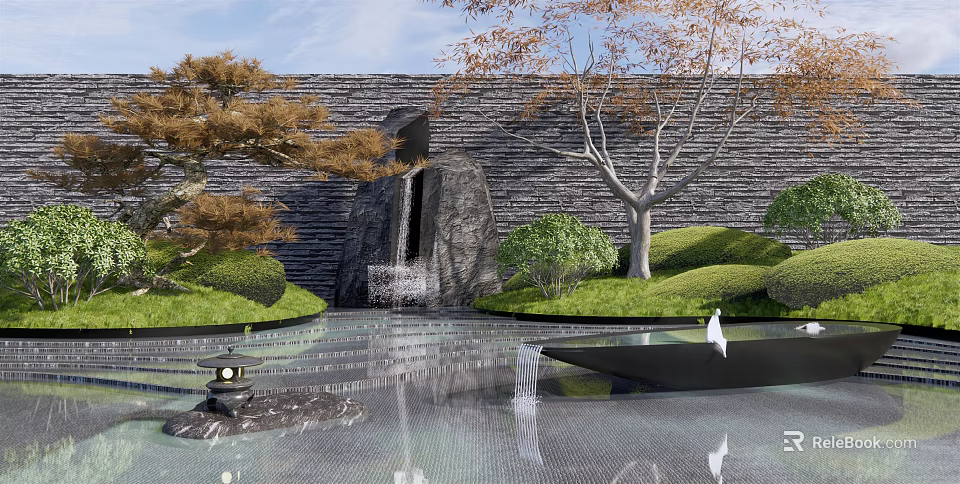Modern Courtyard Garden Design With Waterfall Stone Wall Trees Grass And Reflection Pool 3d model