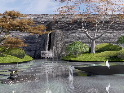 Modern Courtyard Garden Design With Waterfall Stone Wall Trees Grass And Reflection Pool 3d model
