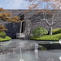 Modern Courtyard Garden Design With Waterfall Stone Wall Trees Grass And Reflection Pool