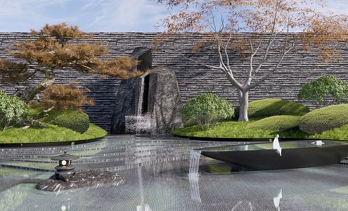 New Chinese style landscape sketch water drop courtyard sketch water stacking landscape stone rockery waterscape 3d model