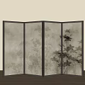 Decorative Four Panel Room Divider with Black Frames and Translucent Floral Plant Pattern Panels 3d model