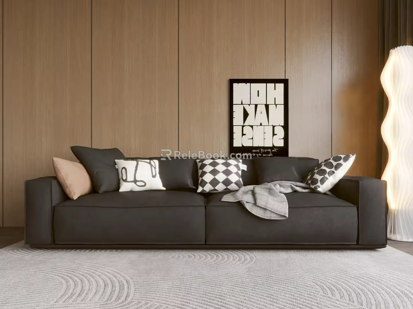 Multi-person sofa tofu block sofa leather sofa black and white gray grass skirt lamp floor lamp 3d model