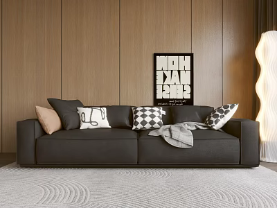 Modern Black Two Seater Sofa With Throw Pillows Blanket Wooden Wall Artwork And Floor Lamp 3d model