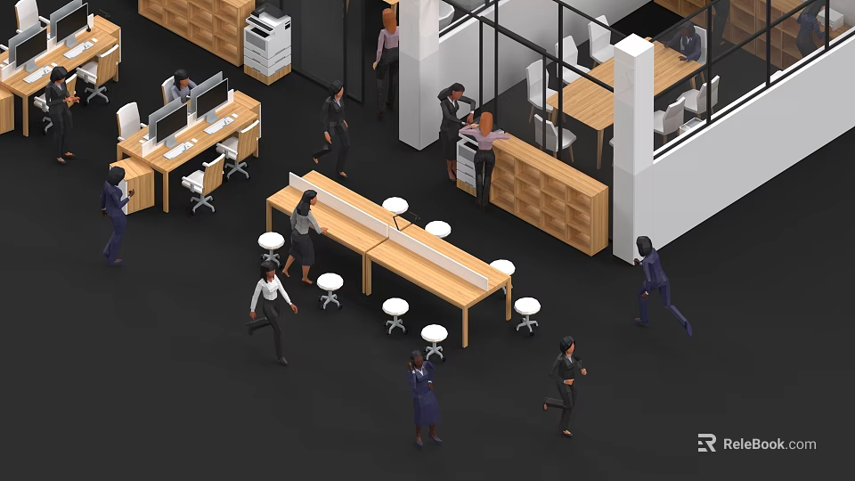 Women Working And Interacting In Modern Office Space With Long Table And Stools 3d model 
