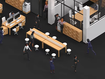Women Working And Interacting In Modern Office Space With Long Table And Stools 3d model