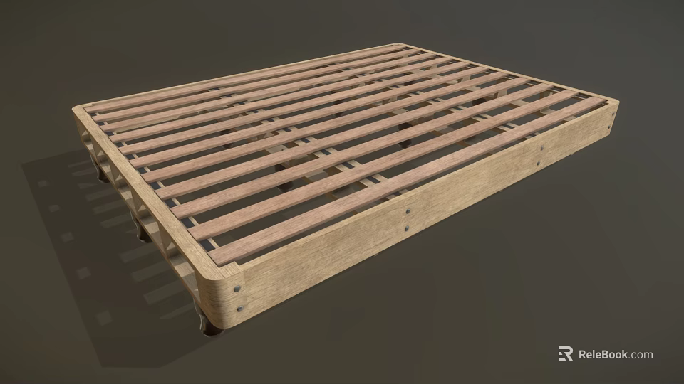 Natural Wooden Bed Frame With Slatted Design For Sturdy Mattress Support 3d model 