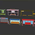 Different Style Bus Stop Structures In Various Colors With Seats And Roofs