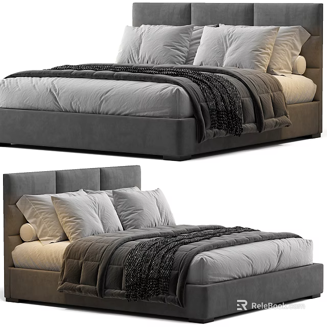 Modern Grey Upholstered Double Bed With White Pillows And Soft Blanket 3d model
