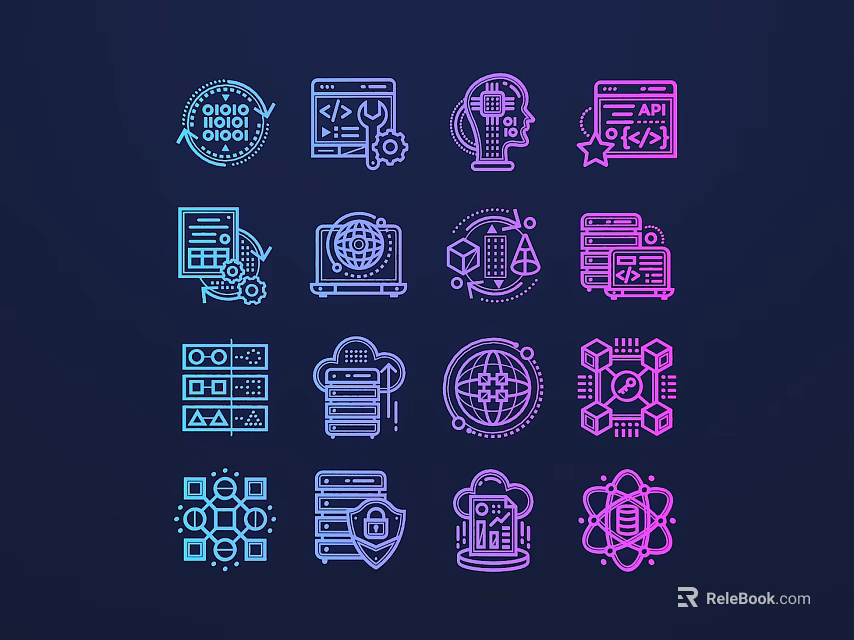 Colorful Digital Tech Icons Collection Including Network Server Code And Gear Elements 3d model 