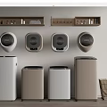 Wall mounted and freestanding washing machines in neutral colors with storage shelves for laundry room
