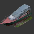 Green And Red Yacht Covered With Grey Tarp Parked On Stands