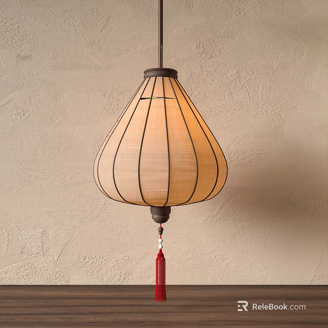 Traditional Chinese Lantern With Red Tassel Hanging On Textured Wall 3d model 
