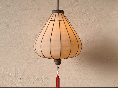 Traditional Chinese Lantern With Red Tassel Hanging On Textured Wall 3d model