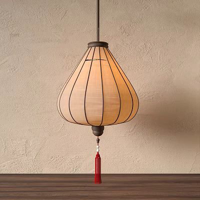 Traditional Chinese Lantern With Red Tassel Hanging On Textured Wall 3d model