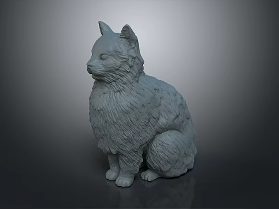 Gray Detailed Textured Cat Sculpture Sitting on Shiny Base Against Dark Background 3d model