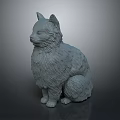 Gray Detailed Textured Cat Sculpture Sitting on Shiny Base Against Dark Background